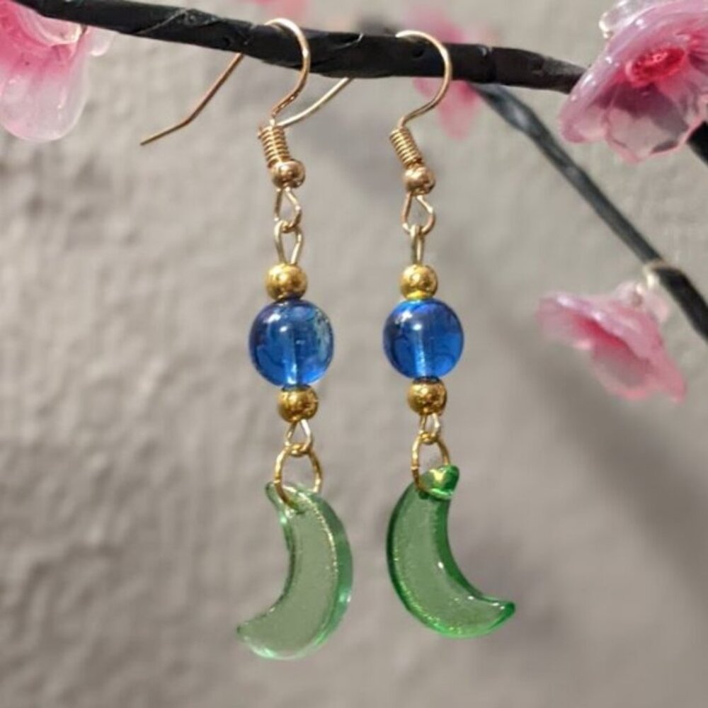 Pearlescent Green Glass Crescent Moon Earrings